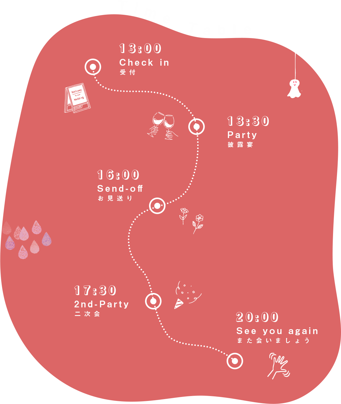 TimeTable_13:00-Checkin受付_13:30-Party披露宴_16:00-Sendoffお見送り_17:30-2ndParty二次会_20:00-SeeYouAgainまた会いましょう