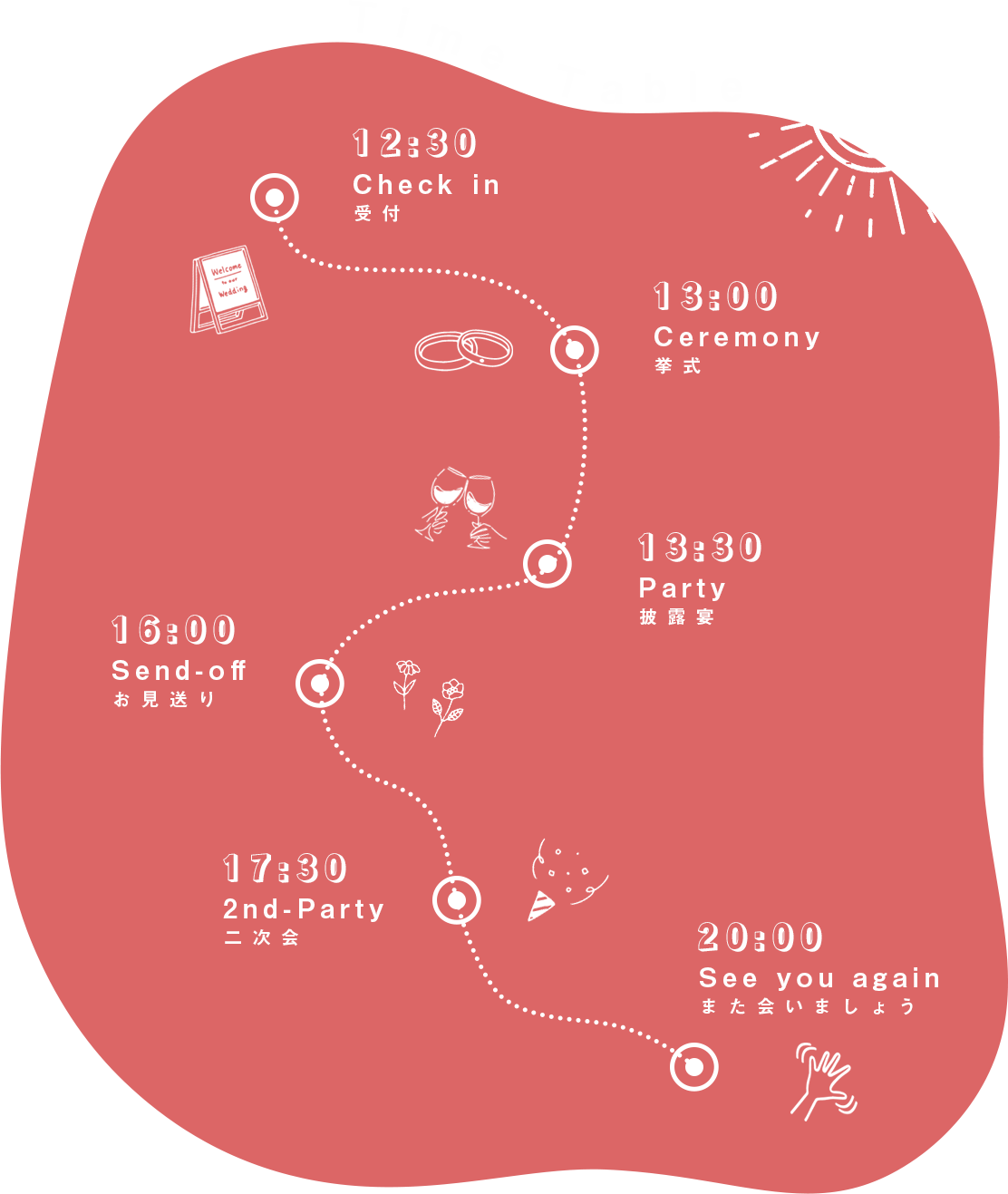 TimeTable_12:30-Checkin受付_13:00-Ceremony挙式_13:30-Party披露宴_16:00-Sendoffお見送り_17:30-2ndParty二次会_20:00-SeeYouAgainまた会いましょう